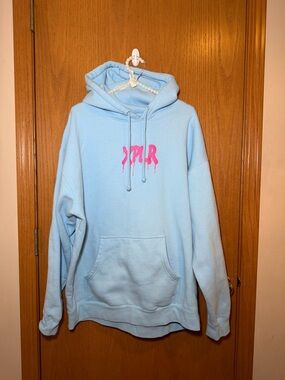 Man or women Light Blue Hoodie with Pink Drip Logo